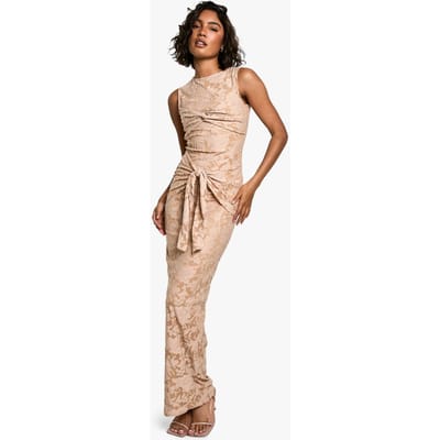 boohoo Dames Lange Burnout Bloemen Tie Twist Maxi-jurk | Camel | Maat: 34