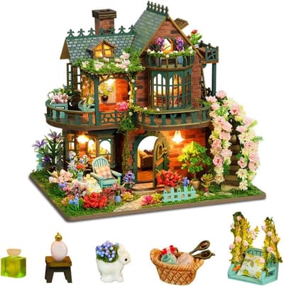 Miniatuur Poppenhuis - Houten Knutselhuis - Creatief Hobbyen - Met LED Verlichting - 1:24 Schaal