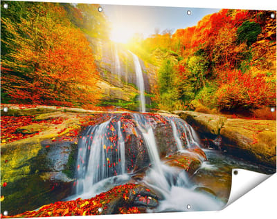 Gards Tuinposter Waterval in de Herfst Kleuren - 120x80 cm - Tuindoek - Tuindecoratie - Wanddecoratie buiten - Tuinschilderij