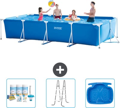 Intex Rechthoekig Frame Zwembad - 450 x 220 x 84 cm - Blauw - Inclusief Onderhoudspakket - Ladder - Voetenbad - 4-delig