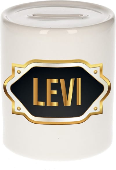 Spaarpot met voornaam Levi - wit - met goud/zwart embleem - 8 x 9 cm - keramiek - met afsluitdop - cadeau verjaardag
