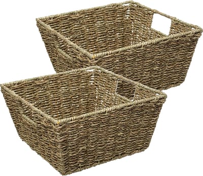5Five Rieten opbergmand - 4x - gevlochten - beige/zwart - 31 x 31 x 15 cm - kastmanden