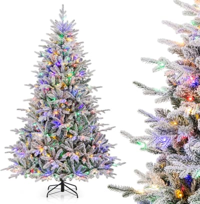 COSTWAY Kunstkerstboom, 210 cm, gevlokte dennenboom met 350 veelkleurige ledlampen, 8 lichtmodi en 1164 takpunten, verlichte kerstboom voor thuis, bedrijf en kantoor