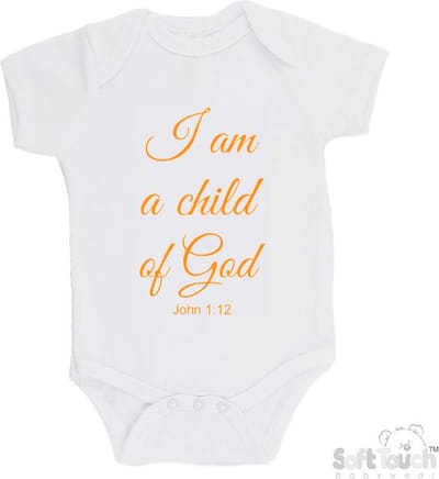 100% katoenen Romper "I am a child of God John 1:12" Unisex Katoen Wit/mosterd Maat 62/68