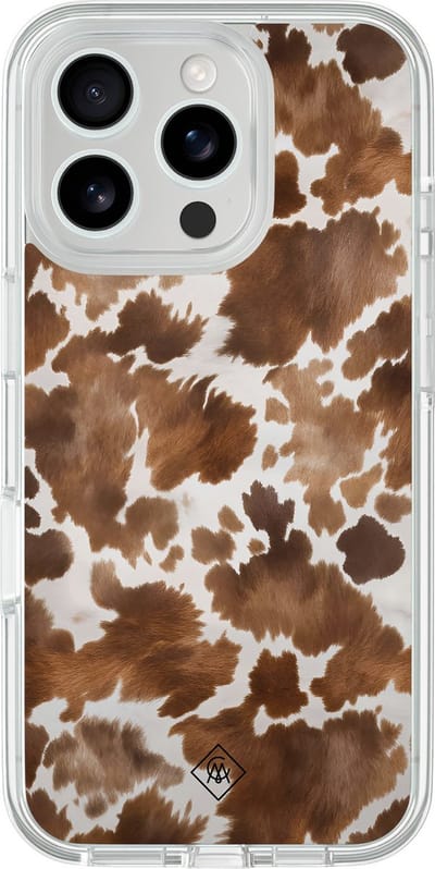 Casimoda® hoesje - Geschikt voor iPhone 16 Pro - Cowhide Chic - 2-in-1 case - Schokbestendig - Illustratie - Verhoogde randen - Bruin/beige, Transparant