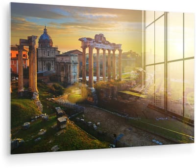 ® Glasschilderij 180x120 cm - Schilderij acrylglas - Triomfbogen beschenen door de zon bij de tempel van Vespasianus en Titus in Rome - Foto op glas - Muurdecoratie woonkamer - Wanddecoratie slaapkamer - Schilderijen