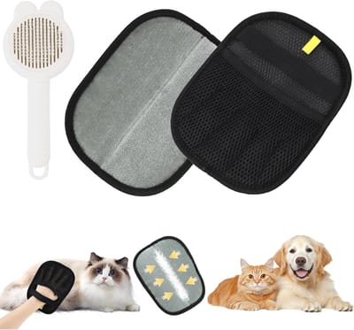 Honden- en kattenhandschoenen voor het verwijderen van dierenharen, herbruikbaar, 2-delig, inclusief borstel voor tapijten en banken