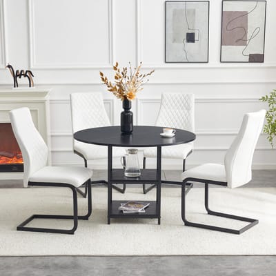 OKWISH Eettafelset 107 Cm - Ronde Tafel Met Dubbele Opbergruimte En 4 Eetkamerstoelen - MDF Metaal En PU - Zwart Wit