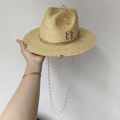 Chapeau de paille d'été design personnalisé Chapeau fait main DIY Chaîne de perles Chapeau Jazz Chapeau de soleil Nouveau chapeau à lettres Chapeau de plage Sombrero femme 56-58cm beige