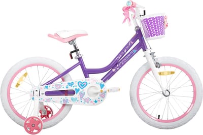 Meisjesfiets – Voor peuters en kinderen van 2-9 jaar – Met zijwieltjes, mandje, handrem & standaard – Paars, 46 cm