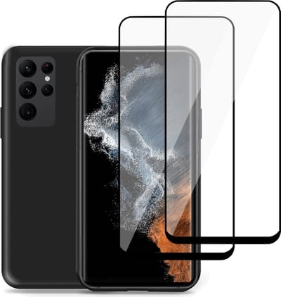 Geschikt voor Samsung S22 Ultra Hoesje + 2x Screenprotector – Beschermglas Cover - Suède Case Zwart