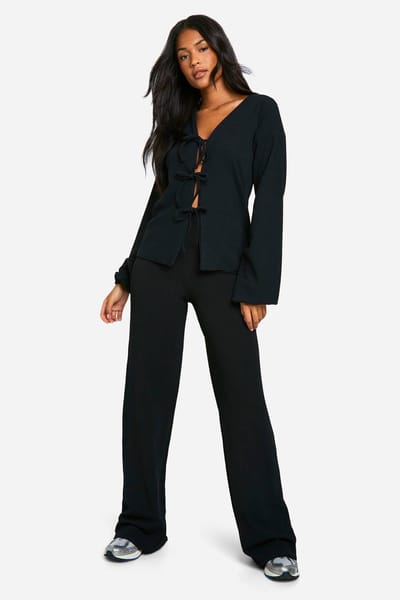 boohoo Dames Tall Crinkle Blouse met Strikdetail en Broek Co-ord Set | Black | Maat: 8