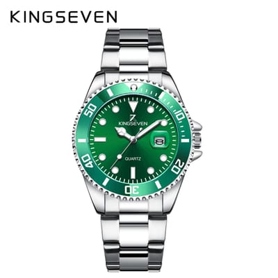 KINGSEVEN Herenhorloge 9619 – Zilverkleurig-Groen – Quartz – Roestvrij Staal – Vlindersluiting – Datumweergave – Luxe Duikershorloge – Waterbestendig – Stijlvol & Tijdloos Design