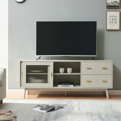 Tv-meubel Susa met lades en schuifdeuren met glas 160x40x65 cm beige [en.casa]