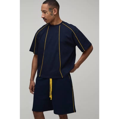 Oversized Boxy T-shirt & Baggy Short Set Met Contrasterende Biesjes | Navy | Size XS