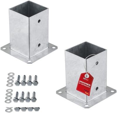 SOTECH-SET met 2 schroefankers vierkant 90 x 90 mm, hoogte 152 mm, vuurverzinkt staal, bodemhuls voor vierkanthout - ideaal voor buitengebruik