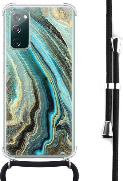 Hoesje met koord - Geschikt voor Samsung Galaxy S20 FE - Marmer mint - Verstelbaar zwart koord - Crossbody - Marmer - Transparant, Groen - Leuke Telefoonhoesjes