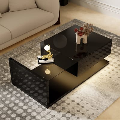 Salontafel Zwart - 105x55x32,5 cm - Hoogglans - Met Glazen Tafelblad en 16-Kleuren LED Verlichting - Salontafel met Opbergruimte - Voor Woonkamer
