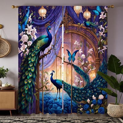 2 stuks HD bloem pauw paars gas oost om gordijnen te versieren paarse stropdas digitaal bedrukte gordijnen Woondecoratiestijl Dec W52H63inchW132H160cm blue