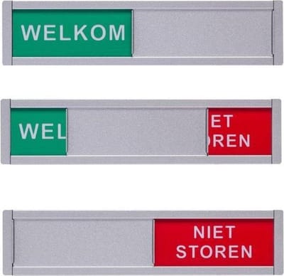 Xaptovi Schuifbordje Welkom - Niet Storen - Aluminium Deurbordje met Schuifje 100 x 28 mm 4 mm Dun Design 3M Plakstrip Montage