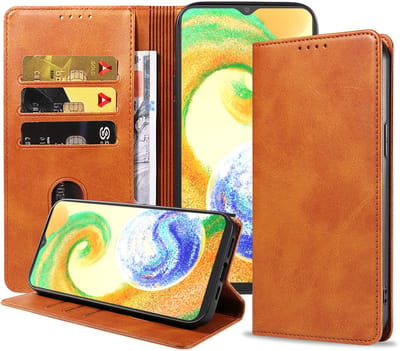 Smartphonica Samsung Galaxy A04s kunstleren hoesje met magnetische sluiting en pashouders book case - Bruin geschikt voor Samsung Galaxy A04s