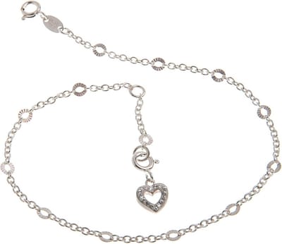 Zilveren enkelbandje met geslepen hart, 2 mm breed, lengte 23-30 cm, 925 sterling zilver