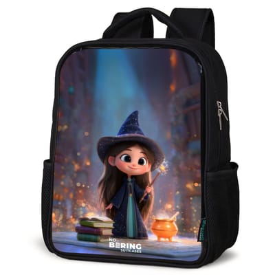 NoBoringSuitcases.com® - Rugzak zwart - Schooltas jongen & meisje - Kleine tovernares in bibliotheek - Rugtas voor school - Boekentas kind - Schoolrugzak - Kinderrugzak
