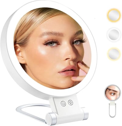 20x Vergrotende Spiegel met Licht, Dubbelzijdige Make-up Spiegel, Dimbare LED Verlichting, Oplaadbaar en Vouwbaar voor Slaapkamer, Make-up Tafel en Reizen