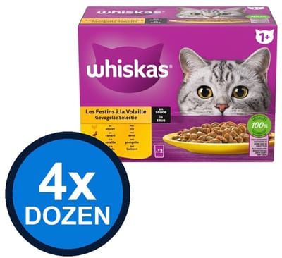 4x Whiskas - 1+ Pouch Adult Saus Gevogelte Selectie Multipack (12x85g) - Kattenvoer Natvoer - 1.02 kg
