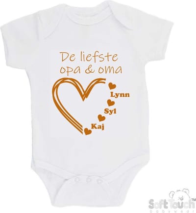 100% katoenen Romper "De liefste opa & oma met de namen van 3 kleinkinderen" Unisex Katoen Wit/tan Maat 56/62