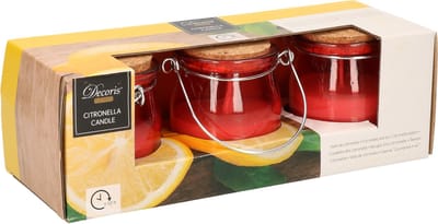 Decoris Citronella kaars - 3x - in rood glazen potje - 8 branduren - citrusgeur