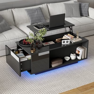 100x50x40 cm verstelbare hoogte salontafel met opbergruimte - bijzettafel met LED-verlichting - woonkamer tafel met lade - zwart