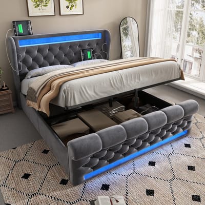 Pugsdrly Modern gestoffeerd tweepersoonsbed 140x190 cm, gestoffeerd bed met led-verlichting, hoofdeinde met opbergruimte en USB- en Type-C-aansluitingen, hydraulisch opbergbed, grijs, fluweel (zonder matras)