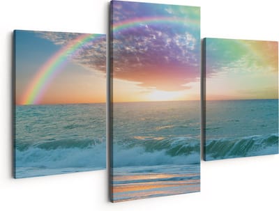 Artaza Canvas Schilderij Drieluik Regenboog in het Water bij het Strand - 150x120 - Groot - Foto Op Canvas - Canvas Print