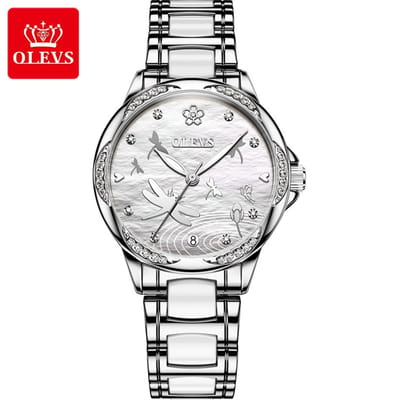 HO-6610.z : Olevs zilverwitte libelle tourbillon/mechanisch keramisch/edelstaal dames horloge, zilverwitte wijzerplaat, luminiscerend, kalenderdag, rhinestone's
