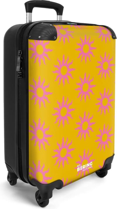 NoBoringSuitcases.com® - Handbagage reis koffer lichtgewicht - Reiskoffer trolley - Geel met roze zonnen - Rolkoffer op wieltjes - Valiezen reistrolley koffertje volwassesen - Past binnen 55x40x20 en 55x35x25