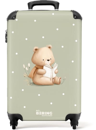 NoBoringSuitcases.com® - Kinderkoffer - Kindertrolley jongen en meisje - Een bruine beer die een boek leest - Groen - Handbagage koffer lichtgewicht - Reiskoffer trolley kinderen - Rolkoffer met wieltjes - Past binnen 55x40x20 en 55x35x25