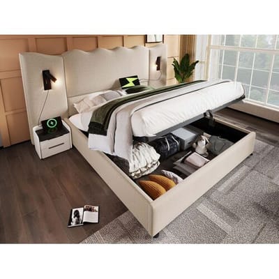 ModernLuxe Linnenopbergbed 180x200cm - met leeslampje en laadfunctie - met lattenbodem - Beige