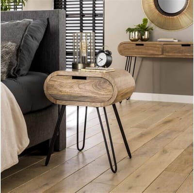 Nachtkastje Barrel Massief Mangohout Zandkleur met Industrieel Metaal Frame - 50x35x60 cm - bijzettafel - Uniek Design