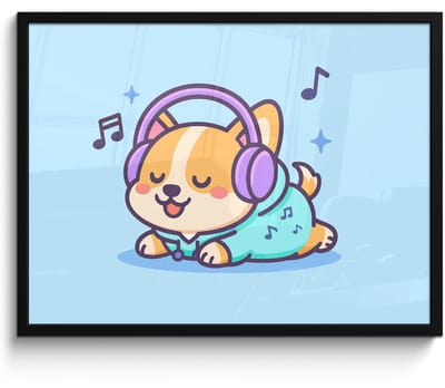 Poster in lijst - Fotolijst 80x60 cm - Posters - Corgi - Koptelefoon - Blauw - Muzieknoten - Posterlijst zwart - Decoratie - Wanddecoratie woonkamer - Muurdecoratie slaapkamer