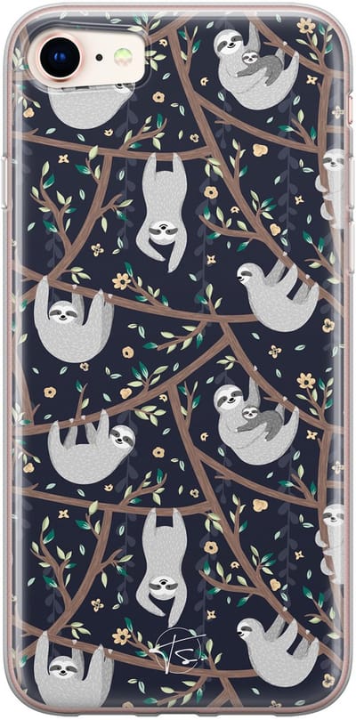 Hoesje geschikt voor iPhone 8 - Luiaard - Soft Case - TPU - Print - Zwart - Mooie Telefoonhoesjes