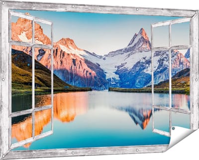 Gards Tuinposter Doorkijk Bergen Landschap bij het Meer - 150x100 cm - Tuindoek - Tuindecoratie - Wanddecoratie buiten - Tuinschilderij