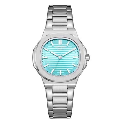 Lee Cooper LC08017.370 - Horloge - Polshorloge - Analoog - Dames - Vrouwen - stalen band - Metaal - Ovaal - Strepen - Zilverkleurig - Turkoois Groen