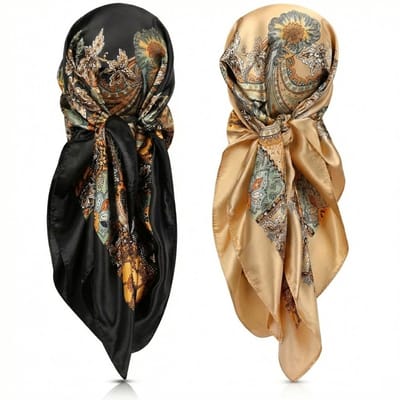 2 stuks bandana set – goudkleurige bandana + zwarte bandana voor dames – satijnachtige vierkante bandana’s met decoratief patroon – lichtgewicht hoofddoeken voor dagelijks gebruik