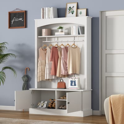 MODENUIT Garderobekast - 5-in-1 Met Bank En Kledingroede - Voor Hal En Entree - Wit Spaanplaat - 120x40x190 Cm