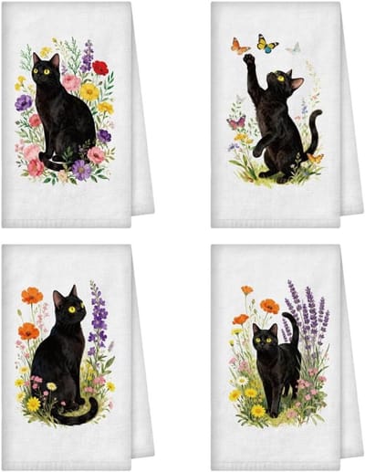 Set van 4 Zachte Absorberende Keukenhanddoeken met Zwarte Katten en Bloemen Thema, Decoratief en Leuk voor Koken en Bakken, 24 x 16 Inch