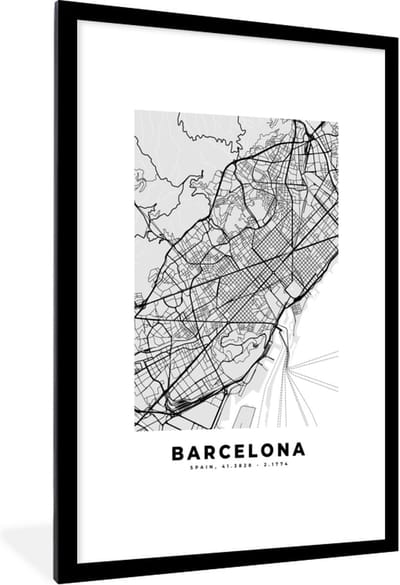 Fotolijst incl. Poster Zwart Wit- Barcelona - Stadskaart - Plattegrond - Zwart Wit - Kaart - 80x120 cm - Posterlijst