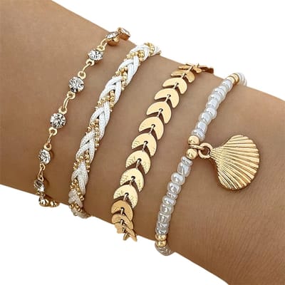 4-delige Dames Armbanden Set – Zirkonia & Metalen Ketting – Modieuze Accessoires voor Feest, Party & Dagelijks Gebruik - Wit en goud