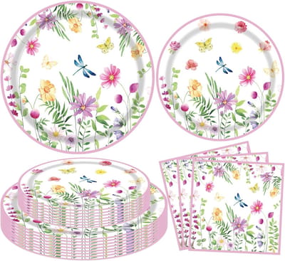 Borden en servetten, roze rand met vlinders en libellen, 24-delige wegwerpservies