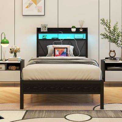 Gestoffeerd Bedframe - Eenpersoonsbed Tienerbed - Slaapkamer Inrichting - Geïntegreerd Laadstation LED - 90 x 200 cm - Donkergrijs